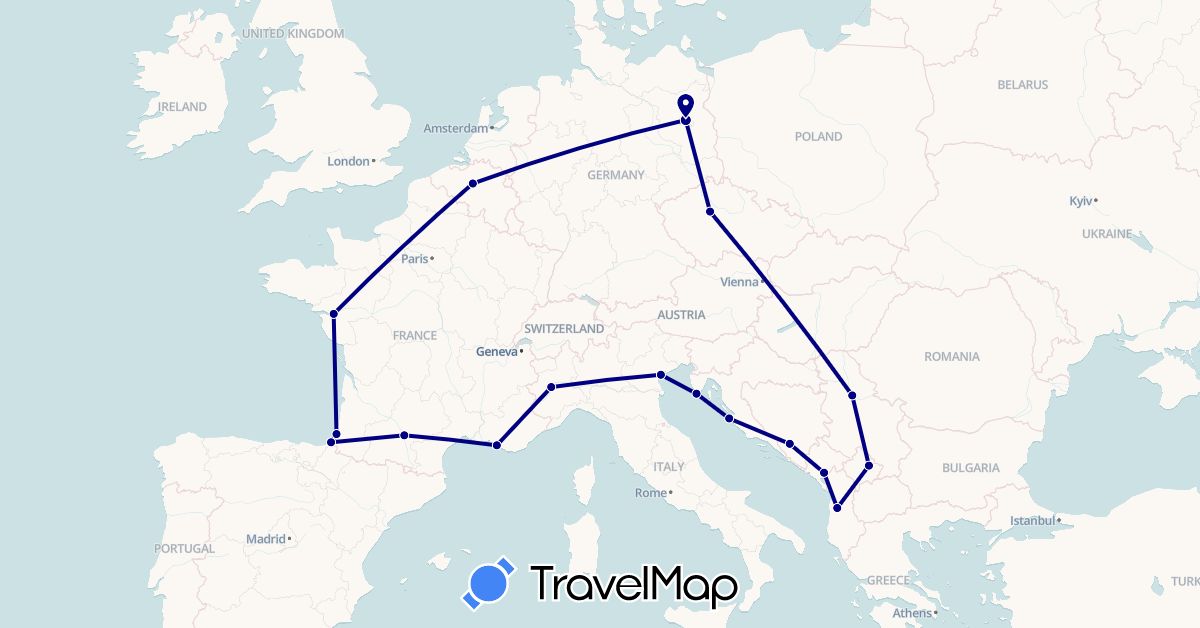 TravelMap itinerary: driving in Albania, Bosnia and Herzegovina, Belgium, Czech Republic, Germany, France, Croatia, Italy, Montenegro, Serbia, Kosovo (Europe)